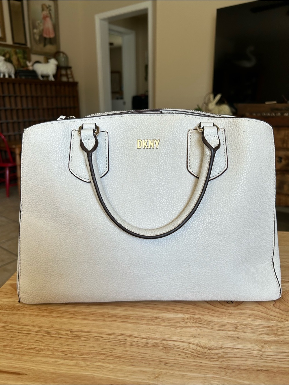 DKNY Cream Leather Dome Satchel with Gold Logo